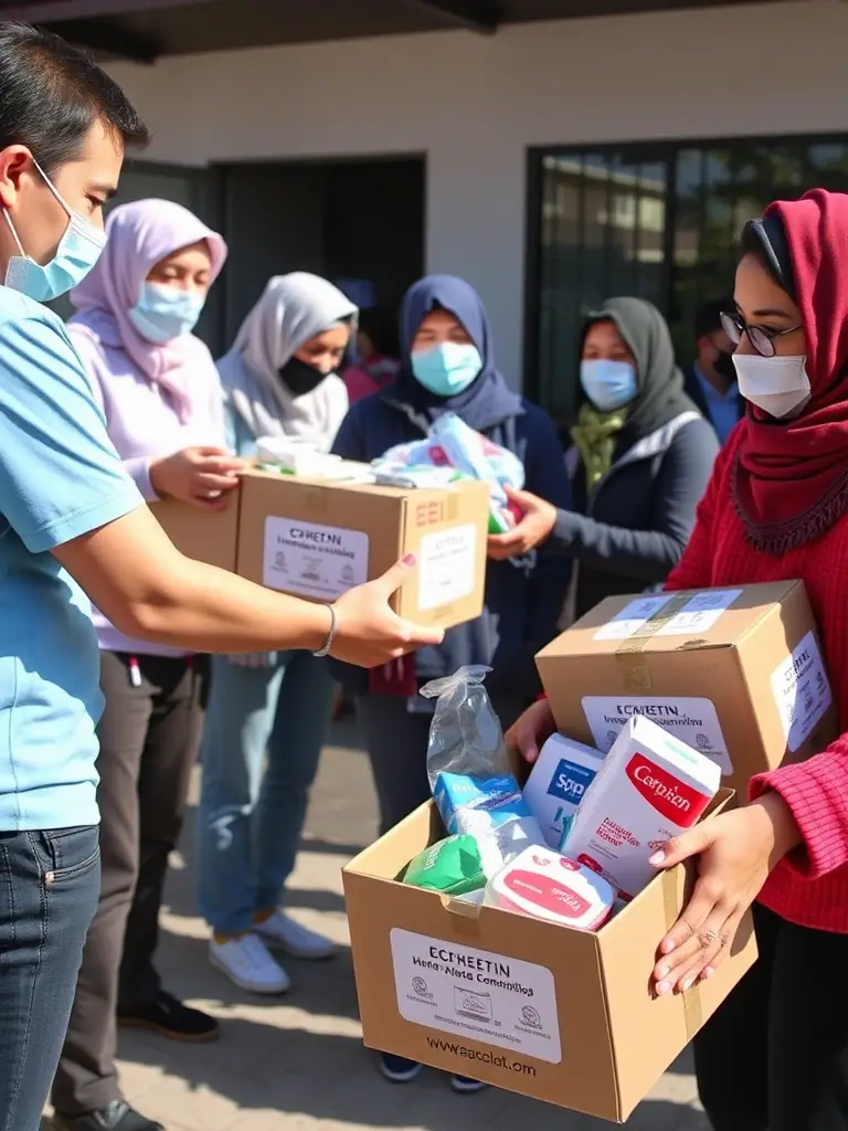 A photo of volunteers distributing aid packages to Chechen families in need in Turkey, showing boxes labeled with essential supplies and the association's logo.