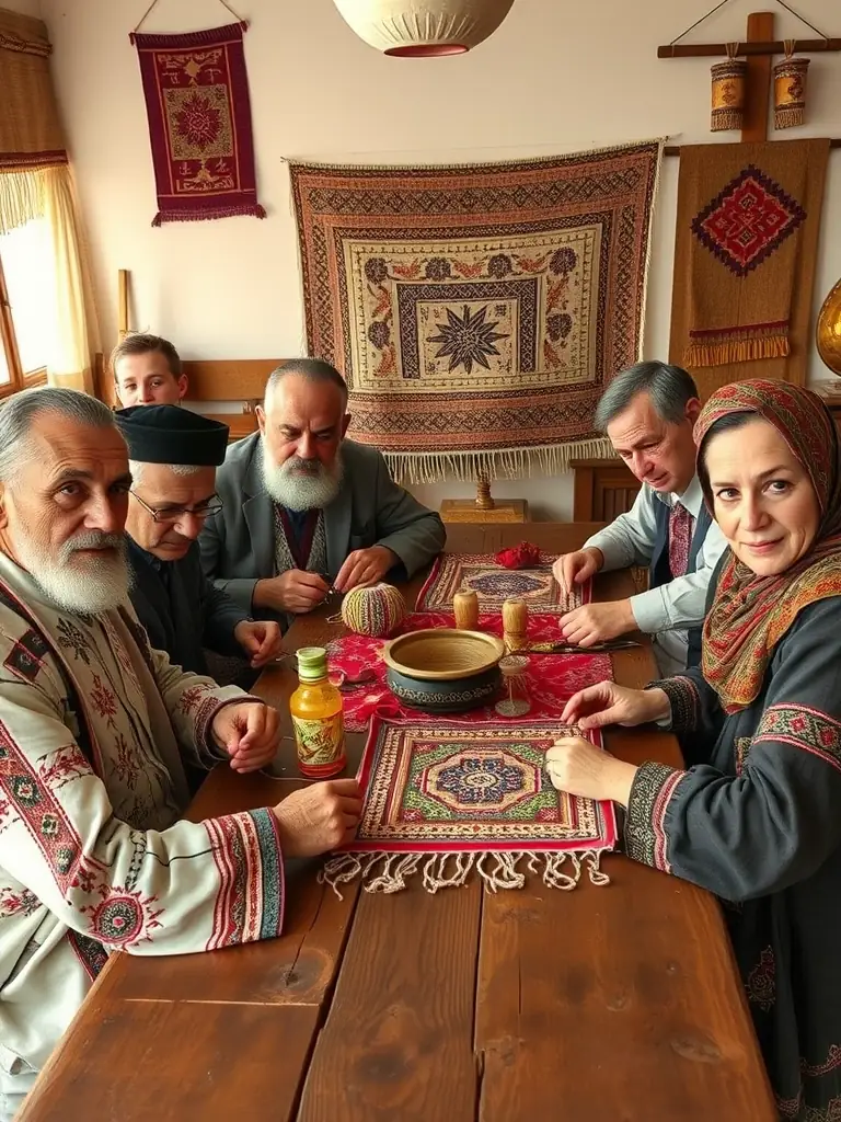 A group of Chechen elders and youth participating in a workshop on traditional crafts, showcasing the intergenerational transfer of cultural skills and knowledge.