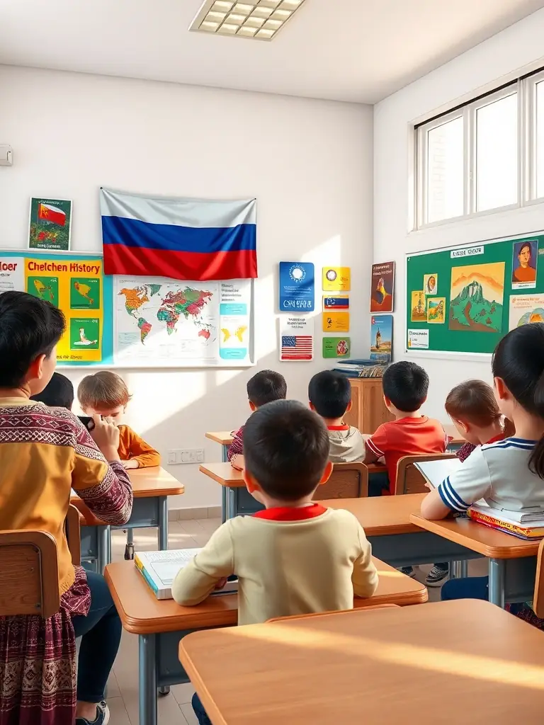 A classroom setting with Chechen language and history lessons being taught to children in Turkey, with educational materials and the Ichkerian flag displayed.