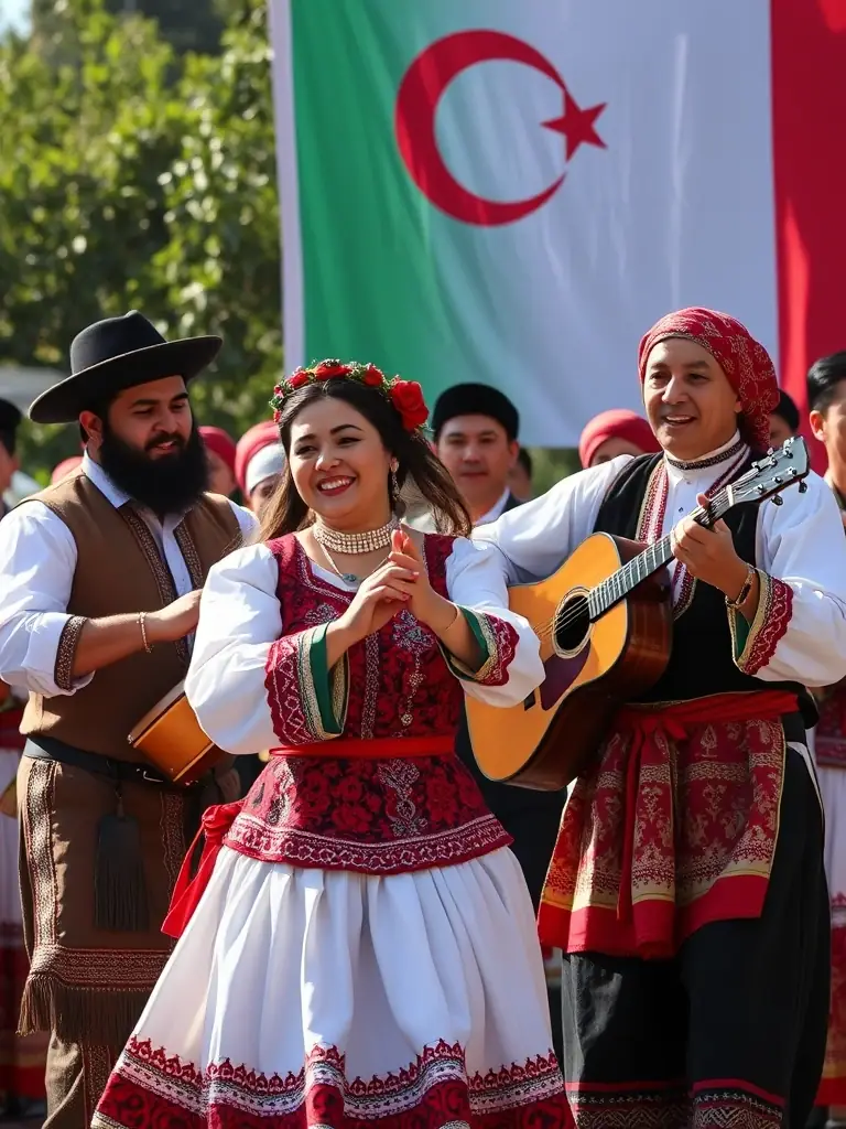 A photograph of a Chechen cultural event in Turkey, showcasing traditional dance and music, with participants dressed in national attire, set against a backdrop of the Ichkerian flag.