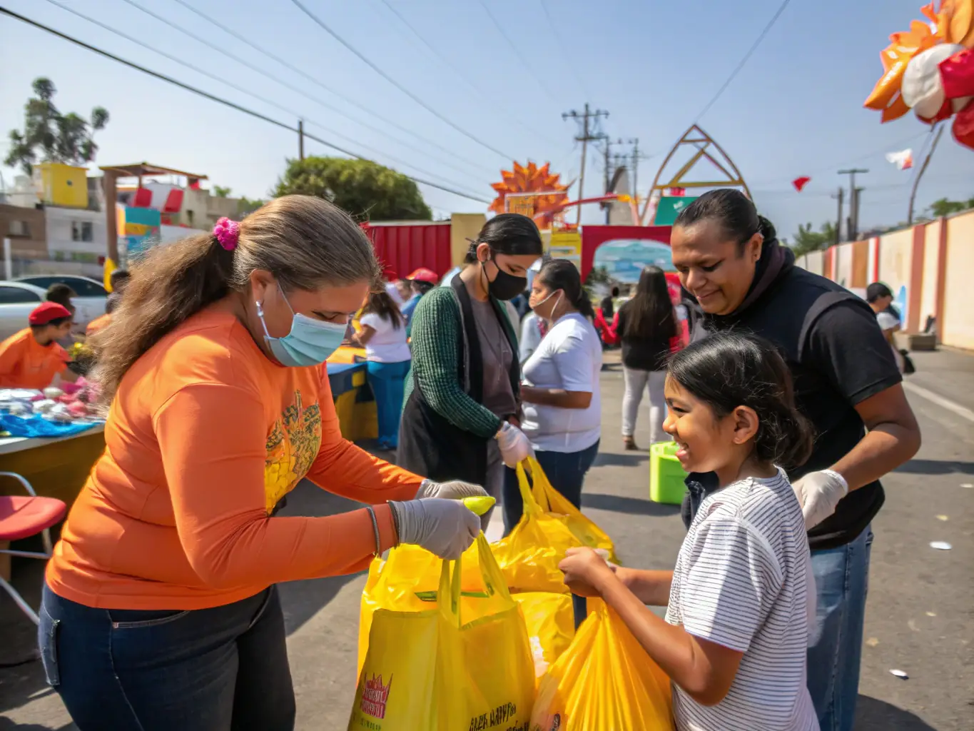 A compassionate image showing volunteers distributing aid packages to families in need, highlighting the association's commitment to providing humanitarian assistance.
